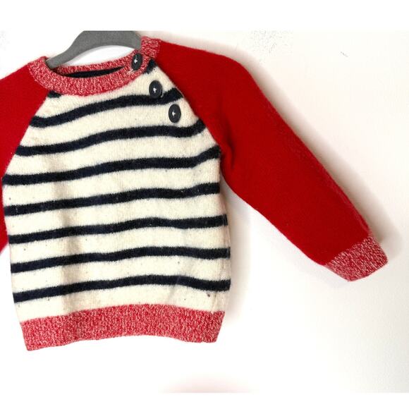 Baby Boden Striped Wool Sweater With Buttons In Red Navy Size 6-12 Months - Picture 4 of 8